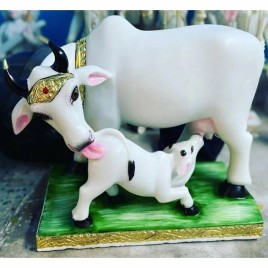 3.5 Ft White Makrana Marble Kamdhenu Cow Calf Statue