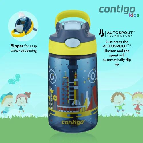 Contigo Gizmo Flip Kids School Water Bottle 420ml Nectarine with Superhero