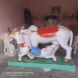 Marble Kamdhenu Cow Calf Sculpture