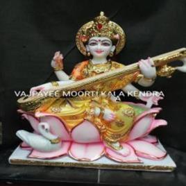 Painted Marble Saraswati Mata Sculpture