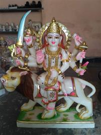 Sitting Painted Durga Maa Marble Sculpture, Temple Use