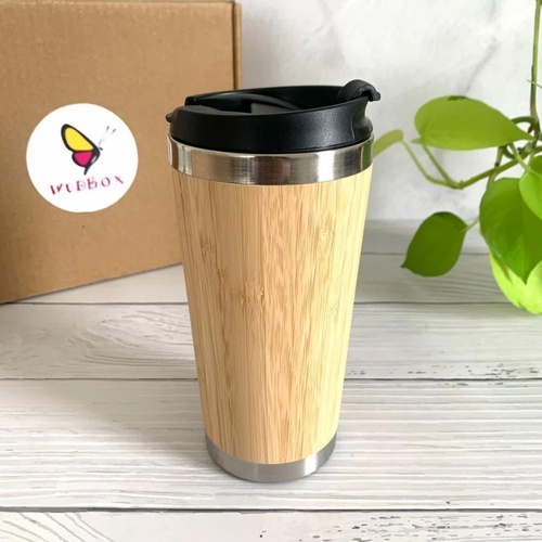 400mL Round Bamboo Coffee Tumbler, Stainless Steel, Black Lid