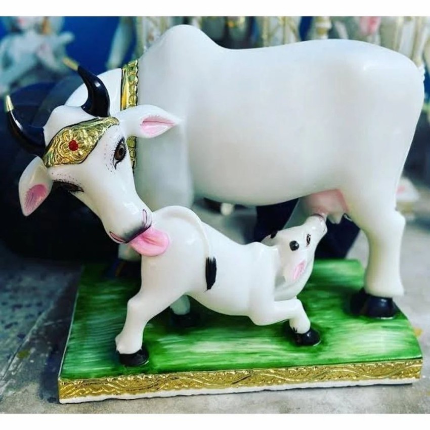3.5 Ft White Makrana Marble Kamdhenu Cow Calf Statue