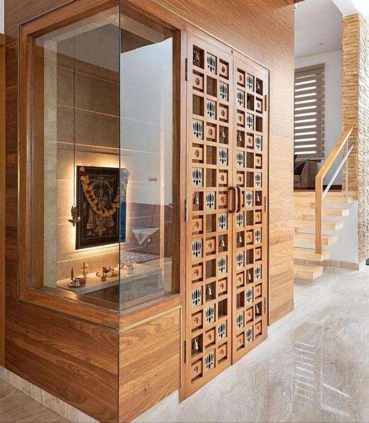 Brown Hinged Double Door Pooja Cabinet