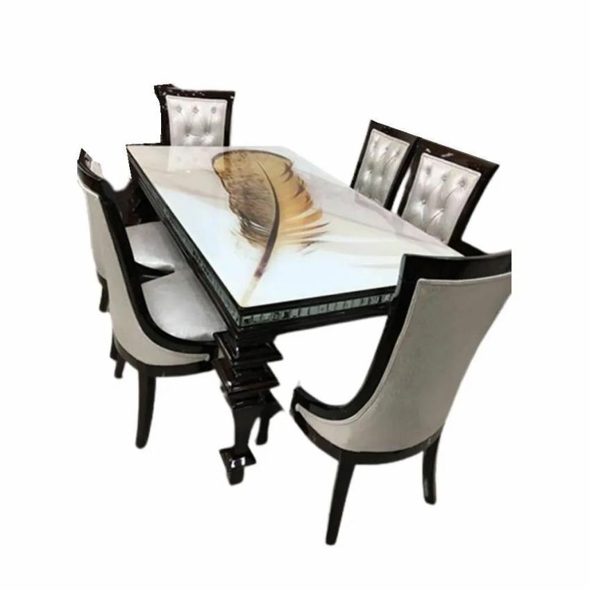 Rectangular Glass Printed Wood Dining Set