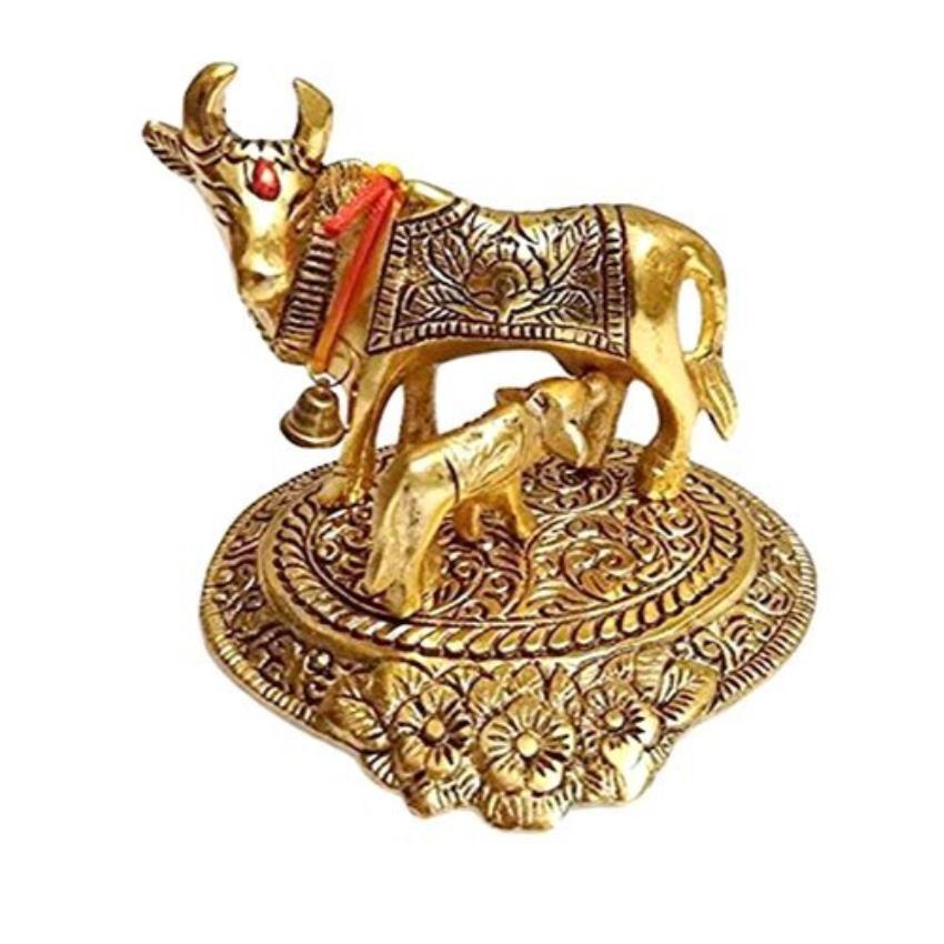 Golden Kamdhenu Cow Calf Figurine