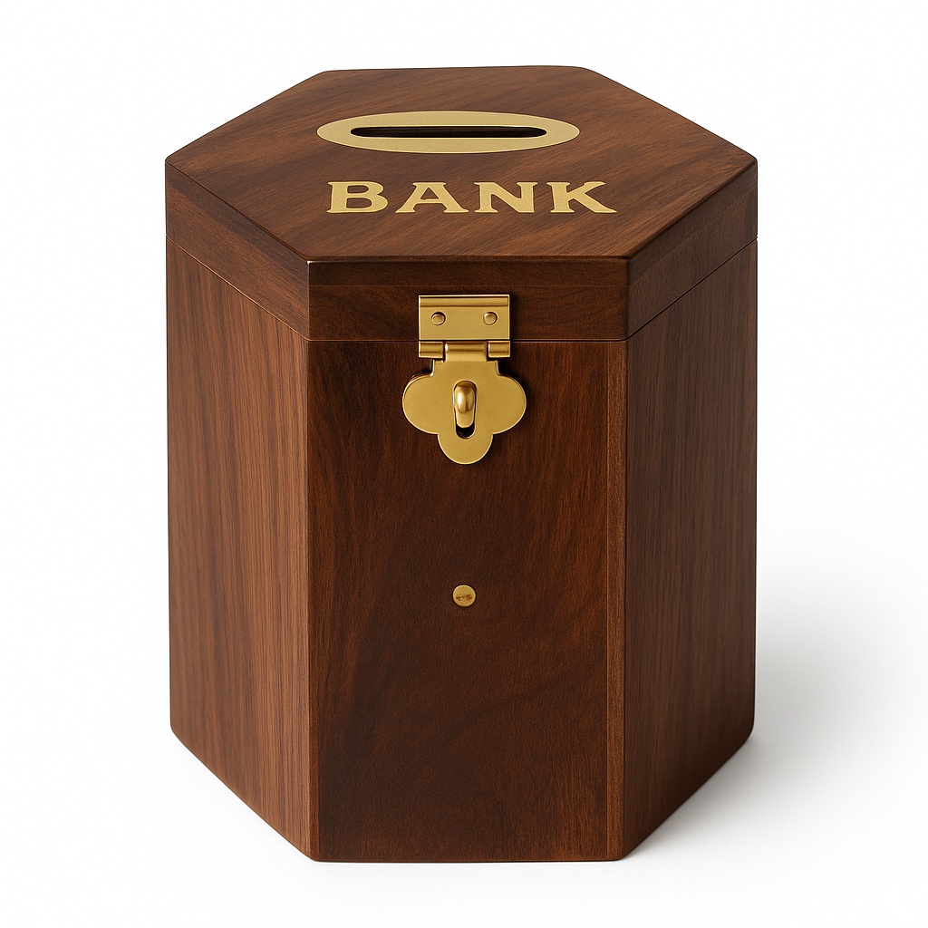 Polished Wooden Hexagonal Money Bank