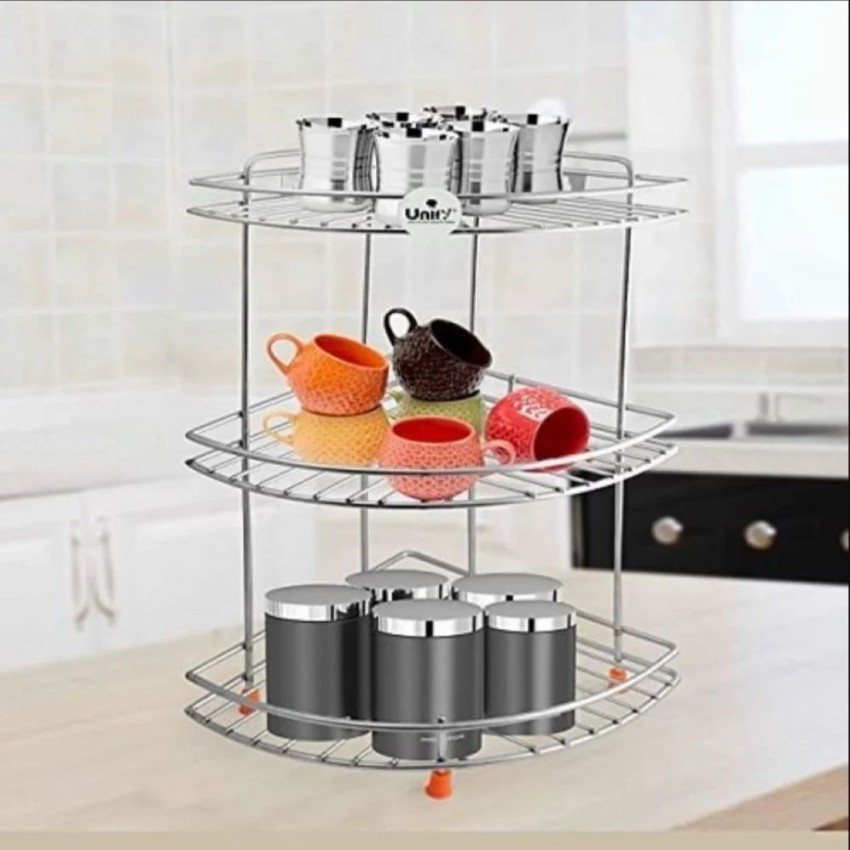 Polished Steel 3 Shelf Corner Stand