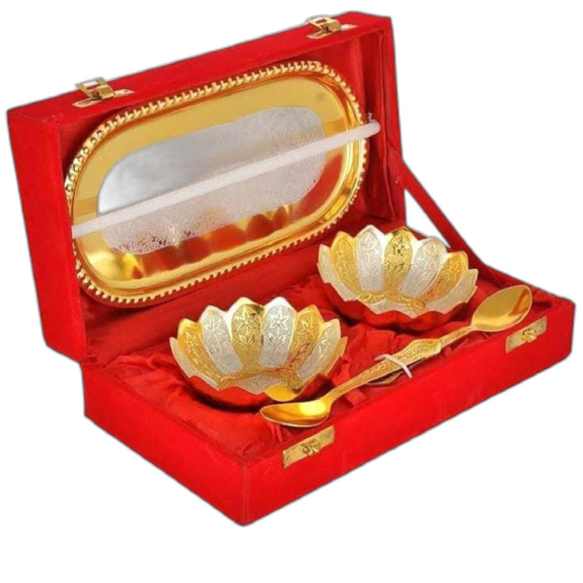 Lotus Gold Silver Plated Tray Bowl Set