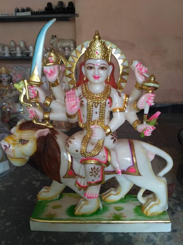 Sitting Painted Durga Maa Marble Sculpture, Temple Use