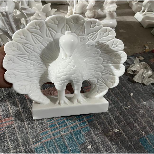 9 inch White Marble Peacock Statue