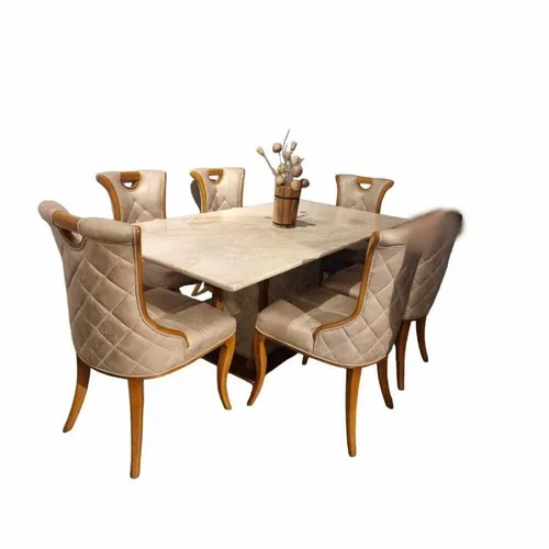 6 Seater Marble Top Cream Wood Dining Table
