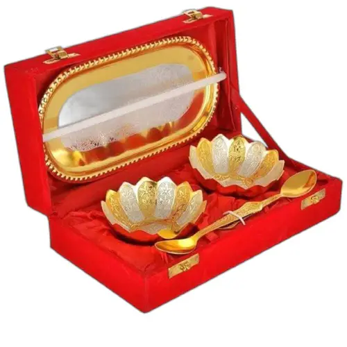 Lotus Gold Silver Plated Tray Bowl Set