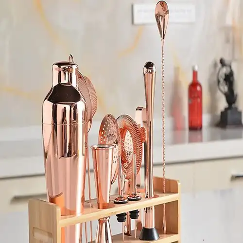Silver Copper Bar Set with Bamboo Stand