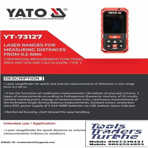 YATO 60 Metres Or 197 Feet LASER RANGES FOR MEASURING DISTANCES FROM 0.2-60M, Medium, Model Name/Number: YT-73127