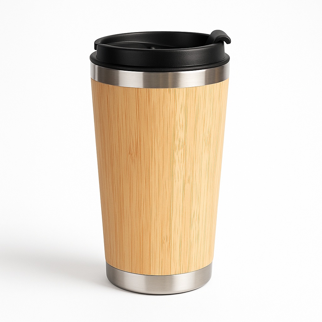 400mL Round Bamboo Coffee Tumbler, Stainless Steel, Black Lid